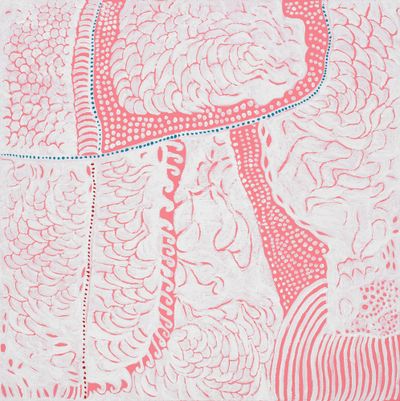 An abstract painting by Yayoi Kusama containing lines and dots.