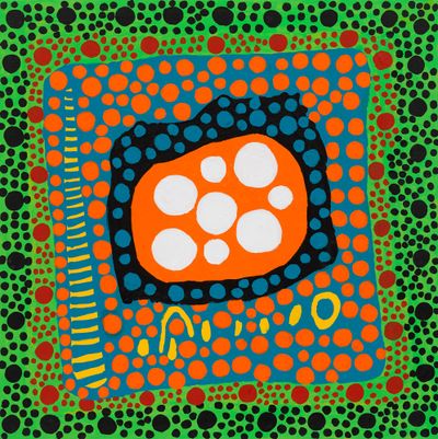 A painting of a square with concentric lines going outwards. Each layer contains dots.