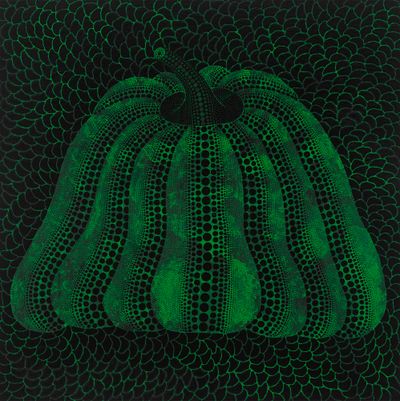 A painting of a green pumpkin by Yayoi Kusama, covered in dots.