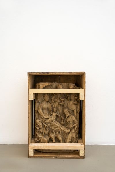 Danh Võ, untitled (2021). 15th-century English alabaster relief of 'The Adoration of the Magi' and Gloria Lait wooden crate. 46.4 x 32.5 x 26.0 cm.