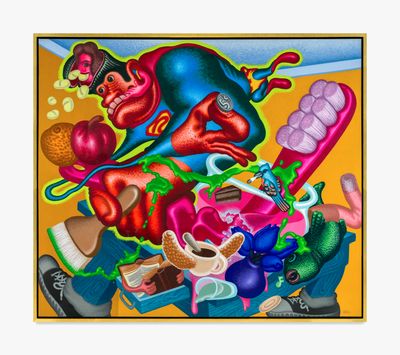 Peter Saul, Bizarro Paints a Still Life (1998). Acrylic, oil on canvas. 182.9 x 213.4 cm. Framed: 189.9 x 220.3 cm.
