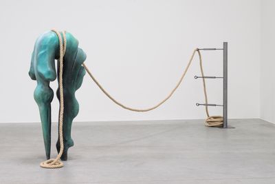 Grace Schwindt, Resting Point (2022). Bronze, patinated, natural rope, steel. Variable dimensions. Edition of 3.