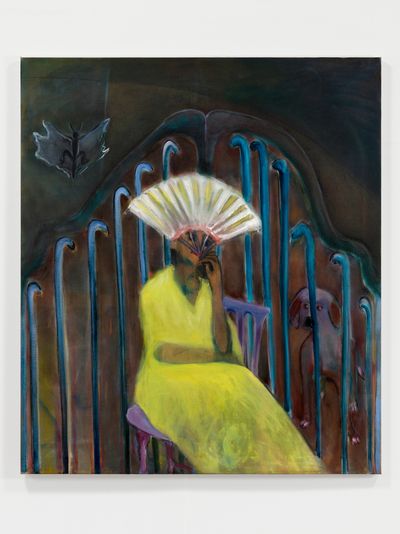 Rosalind Nashashibi, The Yellow Dress (Morisot with a Fan) (2022). Oil on linen.