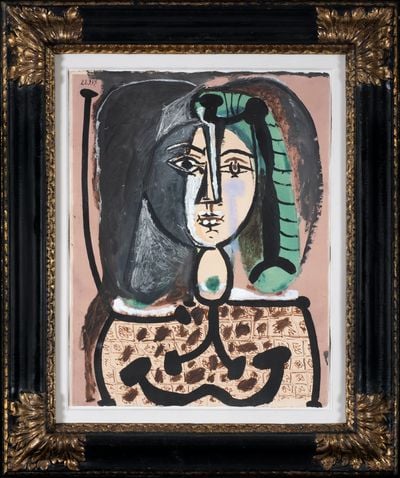 Pablo Picasso, Femme au tablier (1949). Oil over lithograph on paper. 65.5 x 50 cm.