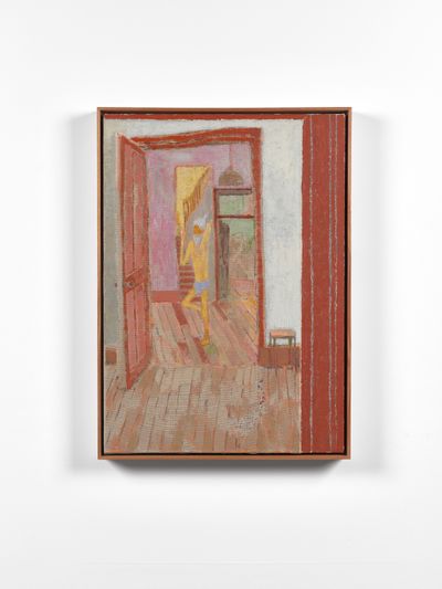 Andrew Cranston, Meditation in a tenement (2023). Distemper and oil on canvas. 89.4 x 64.4 cm (framed).