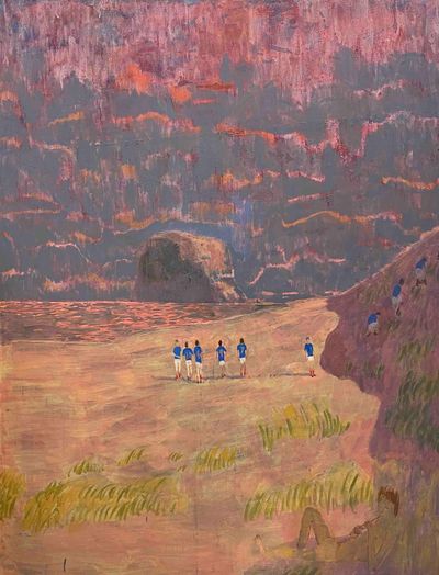 Andrew Cranston, Landscape with Rangers players (2021). Distemper on canvas. 190 x 142 cm.