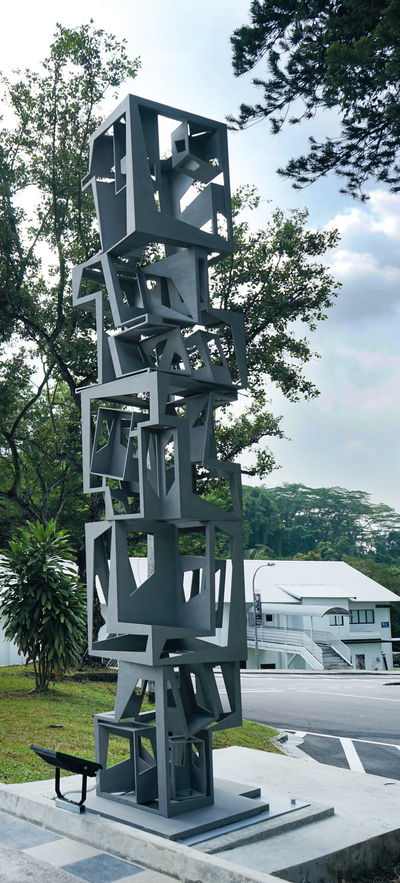 Ding Yi, Pillar (2014). Stainless steel. Edition of 3. Installation view: Gillman Barracks, Singapore. Courtesy ShanghART Gallery, Shanghai/ Beijing/ Singapore.