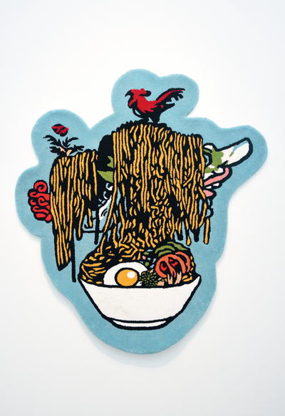 left: indieguerillas, Chicken Noodle Carpet (2016). Installation view: hyP3<y<lu5 , Mizuma Gallery, Singapore (13 January–19 February 2017).