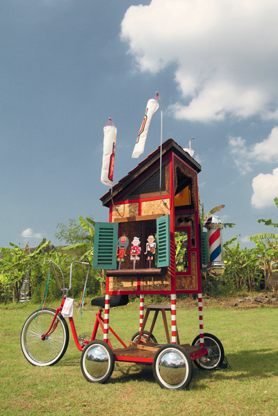 ​​indieguerillas, Taman Budaya: Goyang Cukur (2015). Public installation. Metal, fabric, rubber, glass, terracotta, mirror, wood, lamp, electrical components, neon bulb, leather, digital print on stainless steel. 233 × 85 × 264 cm.