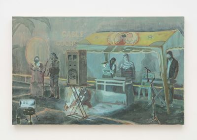 Arturo Kameya, Livestream (2023). Acrylic and clay powder on canvas. 100.3 x 160 x 4.4 cm.
