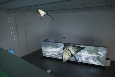 康雅筑，《蓝色海灵》，2014。展览现场：“山演算”，高雄市立美术馆，高雄（2024年8月17日至11月24日）。图片提供：缓步动物。摄影：简豪江。