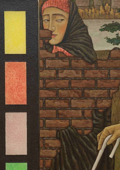 Li Yong Xiang, In rust (small betrayals) (2025) (detail). Oil on linen, acrylic, glass bead, and varnish on polyester. 150 x 500 cm.