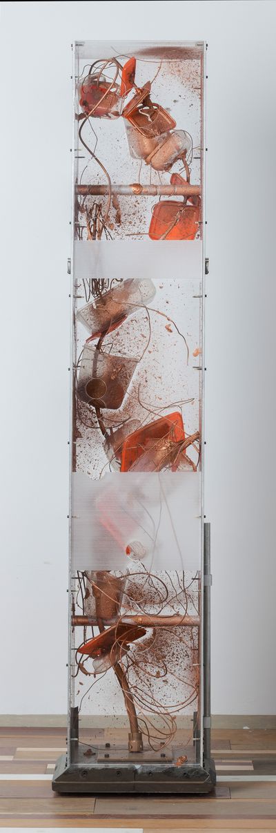 Li Tao, Ventilator (2015). Aluminium, acrylic glass, copper, marble, stainless steel, polypropylene plastic, copper powder, acrylic acid, 206 x 36 x 33 cm.