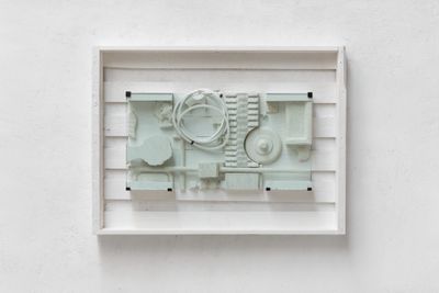 Li Tao, They 3: Polystyrene Box 3 (2020) from 'Pengzhou Bubbles'. High-strength plaster, iron, wood, glass. 80 x 107 x 12 cm.