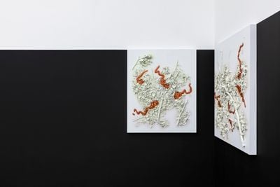 由左至右：杨心广，《土壤之上（彩虹铜 No. 2）》，2019；《土壤之上（彩虹铜 No. 1）》，2019。展览现场："土壤之上"，北京公社，北京（2019年11月28日至2020年2月5日）。图片提供：北京公社。