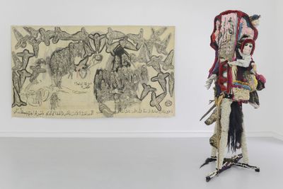 Shine Shivan, Khoon Saja Lothda (2014) and Flesh with the crowd (2016) (left to right). Exhibition view: Remembering Mwene Mutapa – Exotic Mapping of a Collection, Servais Family Collection, The Loft, Brussels (5 January–15 April 2017).