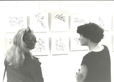 Chantal Crousel at the exhibition of Christian Dotremont, Un temps lapon d'écritures, La Dérive, Paris (1977).