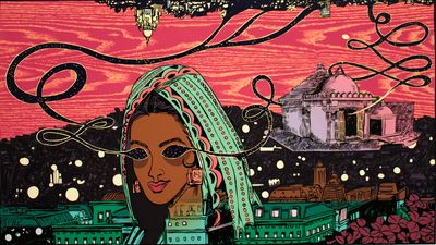 Chitra Ganesh, Architects of the Future – City Inside Her (2014). Woodblock and screenprint. 65.4 x 112.4 cm. Edition of 25.