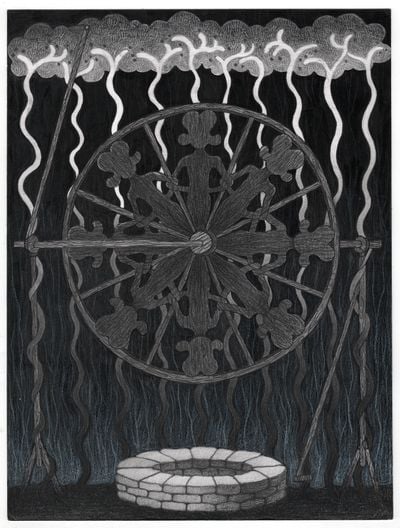 Cindy Ji Hye Kim, The Ninth Wheel (2020). Graphite, charcoal, oil pastel, ink on paper. 30.5 x 22.9 cm.
