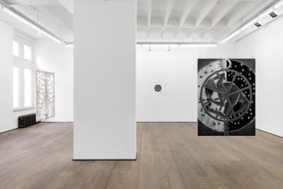 Cindy Ji Hye Kim, Riddles of the Id (2020); Reign of the Idle Hands #4 (2020); 8 Hours of Slumber, Labor & Leisure (2020) (left to right). Exhibition view: Riddles of the Id