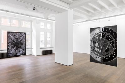 Cindy Ji Hye Kim, The International (2020); 8 Hours of Slumber, Labor & Leisure (2020) (left to right). Exhibition view: Riddles of the Id, rodolphe janssen, Brussels (12 May–18 July 2020).