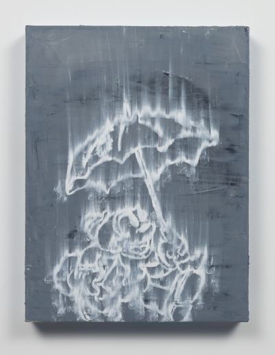 Gary Simmons, In The Rain (2020). Oil and cold wax on canvas. 61.6 x 46.4 cm.