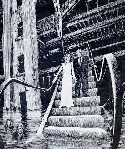 Jim Shaw, Donald and Melania Trump descending the escalator into the 9th circle of hell reserved for traitors frozen in a sea of ice (2020) (detail). Silkscreen print, acrylic on muslin. 75.6 x 191.8 x 7 cm. © Jim Shaw.
