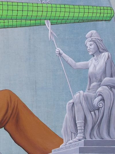 Jim Shaw, Jimmie Olsen vs. the Goddess of Reason (2020) (detail). Acrylic on muslin. 134.6 x 134.6 x 6.3 cm. © Jim Shaw.