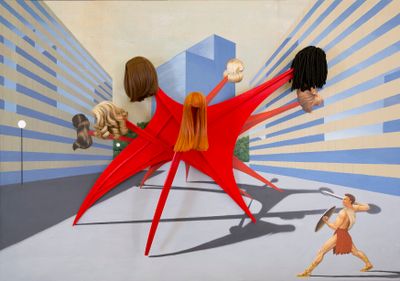 Jim Shaw, One Percent for Art (2020). Acrylic on muslin, wood, hardware and synthetic doll wigs. 121.9 x 172.7 x 41.3 cm. © Jim Shaw.