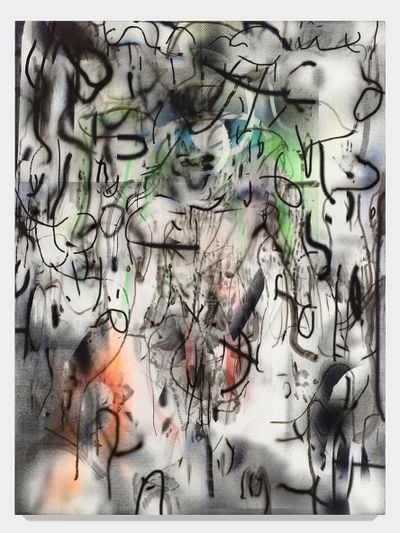 Julie Mehretu, Maahes (Mihos) torch (2018–2019). Ink and acrylic on canvas. 243.8 x 182.9 cm.
