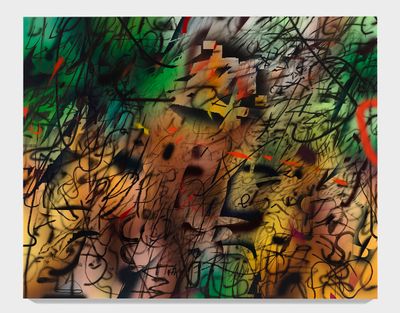 Julie Mehretu, Loop (B. Lozano, Bolsonaro eve) (2019–2020). Ink and acrylic on canvas 243.8 x 304.8 cm.