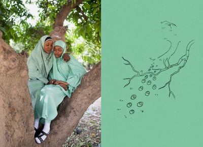 Rahima Gambo, Rukkaya and Hadiza, Maiduguri, Nigeria, from the series 'Education is Forbidden' (2015–2016). Juxtaposed with a connect-the-dots style illustration from a schoolbook.