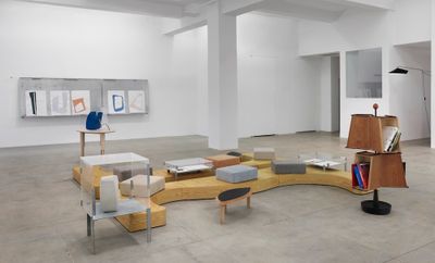 Exhibition view: Nairy Baghramian and Janette Laverrière, Work Desk for an Ambassador's Wife, Marian Goodman Gallery, New York (7 November–20 December 2019).