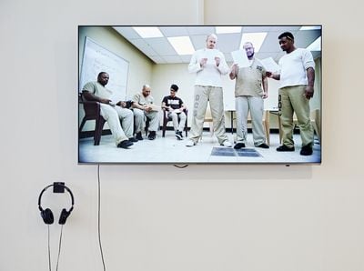 Documentation from Radioactive: Stories from Beyond the Wall by Maria Gaspar in collaboration with the Radioactive Ensemble inside Cook County Jail. Exhibition view: Envisioning Justice, Sullivan Galleries, School of Art Institute of Chicago (6 August–12 October 2019). Photo: Tony Favarula.