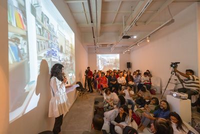 Natasha Ginwala makes introductory remarks at Curators' Hub 2019, Experimenter, Kolkata (28–30 November 2019).