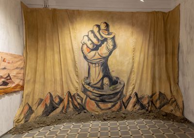 Prabhakar Pachpute, A march against the lie (IA) (2020). Acrylic and multani mitti on canvas, soil. 121 x 183 cm. Exhibition view: Beneath the Palpable, Experimenter – Ballygunge Place, Kolkata (22 January–4 April 2020).