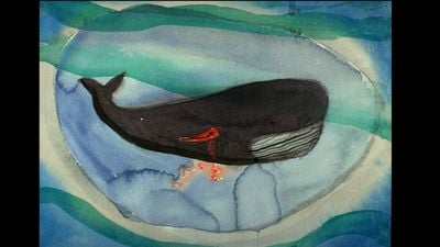 Sara Sejin Chang (Sara van der Heide), Four Months, Four Million Light Years (2020) (still). Watercolour: Dutch harpoon in a stranded whale at the Korean coast, as described by Hendrick Hamel in the 17th century.