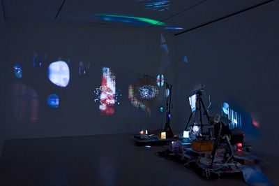 Sarah Sze, Plein Air (Times Zero) (2020). Mixed media, wood, stainless steel, video projectors, archival paper, toothpicks, clamps, ruler, tripods. Dimensions Variable. Exhibition view: Sarah Sze, Gagosian, Paris (18 March–30 May 2020). © Sarah Sze.