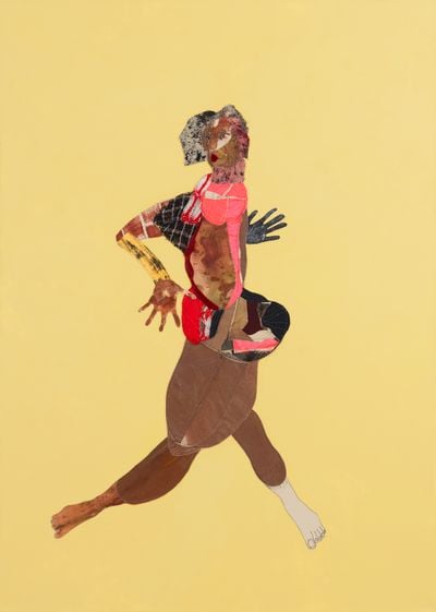 Tschabalala Self, Fast Girl (2020). Fabric, thread, charmeuse, silk, velvet, paper, pigment, acrylic, and painted canvas. 213.5 x 152.5 x 4 cm. © Tschabalala Self.