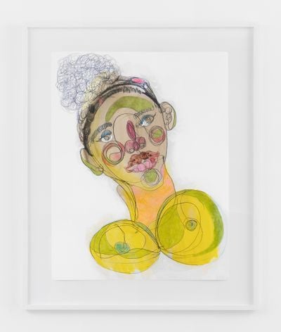 Tschabalala Self, Black Face with Yellow Breasts (2020). Coloured pencil, acrylic paint, gouache, charcoal, graphite on archival inkjet print. Unique. Sheet: 91.5 x 71 cm; Frame: 114.5 x 79.5 x 4 cm. © Tschabalala Self.