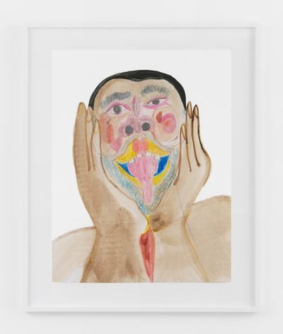 Tschabalala Self, Black Face with Animated Face (2020). Coloured pencil, acrylic paint, gouache, charcoal, graphite on archival inkjet print. Unique. Sheet: 91.5 x 71 cm; Frame: 114.5 x 79.5 x 4 cm. © Tschabalala Self.