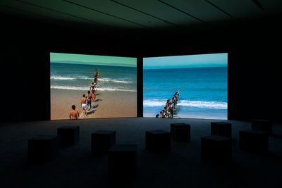 Francis Alÿs, Don't Cross the Bridge Before You Get to the River (2008). Video installation. Exhibition view: Wet feet __ dry feet: borders and games, Tai Kwun Contemporary (28 October 2020–27 March 2021).