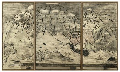 Lam Tung-pang, Landscape in operation (2018). Ink, charcoal, and acrylic on plywood. 180 x 302 cm (triptych: 180 x 85 cm, 180 x 122 cm, 180 x 95 cm). Courtesy Blindspot Gallery.