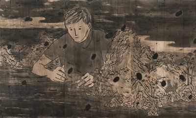 Lam Tung-pang, Reforming Landscape (2019). Ink, charcoal, and acrylic on plywood. 180 x 300 cm (triptych). Courtesy Blindspot Gallery.