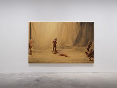 Michaël Borremans, Fire from the Sun (Five Figures, Three Limbs) (2017). Oil on canvas. 190 x 300 cm. Exhibition view: Michaël Borremans, Fire from the Sun, Davd Zwirner, Hong Kong (27 January–9 March 2018).