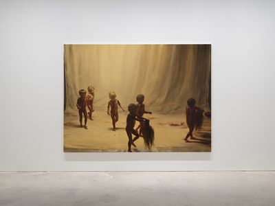 Michaël Borremans, Fire from the Sun (Six Figures, Three Heads) (2017). Oil on canvas. 205 x 280 cm. Exhibition view: Michaël Borremans, Fire from the Sun, Davd Zwirner, Hong Kong (27 January–9 March 2018).