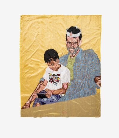 Billie Zangewa, Father and Child (2019). Embroidered silk. 138 x 110 cm. Courtesy Templon. Photo: Jurie Potgiete.