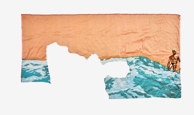 Billie Zangewa, The Swimming Lesson (2020). Embroidered silk. 107 x 200 cm. Courtesy Templon.