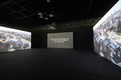 Melik Ohanian, BORDERLAND – I Walked a Far Piece (2017). 4 UHD Video synchronised with surround sound. 54 min 30 sec. Exhibition view: Divided We Stand