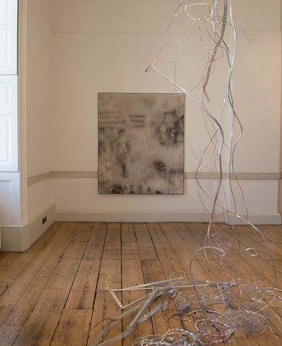 Karin Ruggaber, Untitled #7 (Weather) (2018) (foreground); Pheobe Unwin, Building (2018) (background). Exhibition view: Beyond Boundaries, Somerset House, London (12 March–2 April 2019). Courtesy Somerset House. Photo: Malcolm Park